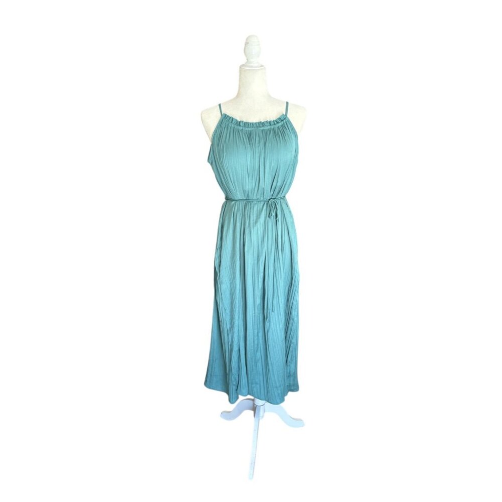 Soma Crinkle Satin Pleated Tie Midi Bra Dress Women's Large Green Ruffle Trim